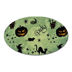 Funny Halloween Pattern With Witch, Cat And Pumpkin Oval Magnet