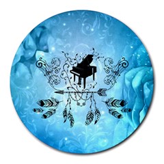 Piano With Feathers, Clef And Key Notes Round Mousepads