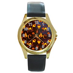 Funny Halloween Design Round Gold Metal Watch by FantasyWorld7