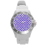 Purple  White  Abstract Pattern Round Plastic Sport Watch (L)