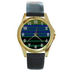 Black Stripes Green Olive Blue Round Gold Metal Watch by BrightVibesDesign