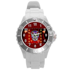 Awesome Sugar Skull With Hearts Round Plastic Sport Watch (l) by FantasyWorld7