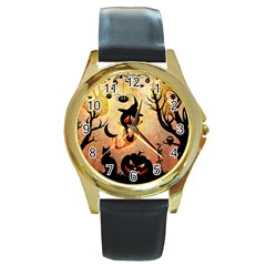 Funny Halloween Design, Pumpkin, Cat, Owl And Crow Round Gold Metal Watch by FantasyWorld7