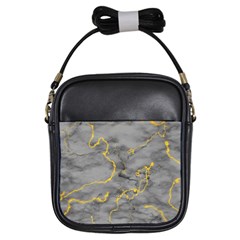 Marble Neon Retro Light Gray With Gold Yellow Veins Texture Floor Background Retro Neon 80s Style Neon Colors Print Luxuous Real Marble Girls Sling Bag by genx