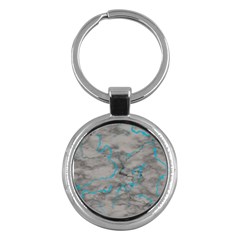 Marble Light Gray With Bright Cyan Blue Veins Texture Floor Background Retro Neon 80s Style Neon Colors Print Luxuous Real Marble Key Chain (round) by genx