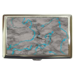 Marble Light Gray With Bright Cyan Blue Veins Texture Floor Background Retro Neon 80s Style Neon Colors Print Luxuous Real Marble Cigarette Money Case by genx