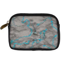 Marble Light Gray With Bright Cyan Blue Veins Texture Floor Background Retro Neon 80s Style Neon Colors Print Luxuous Real Marble Digital Camera Leather Case by genx
