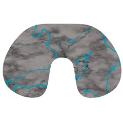 Marble Light Gray With Bright Cyan Blue Veins Texture Floor Background Retro Neon 80s Style Neon Colors Print Luxuous Real Marble Travel Neck Pillow by genx