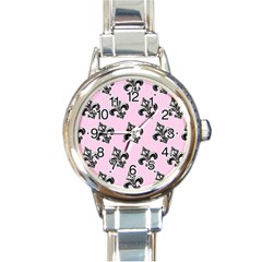 French France Fleur De Lys Metal Pattern Black And White Antique Vintage Pink And Black Rocker Round Italian Charm Watch by Quebec