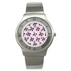 French France Fleur De Lys Metal Pattern Black And White Antique Vintage Pink And Black Rocker Stainless Steel Watch by Quebec