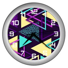 Retrowave Aesthetic Vaporwave Retro Memphis Triangle Pattern 80s Yellow Turquoise Purple Wall Clock (silver) by genx