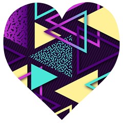 Retrowave Aesthetic Vaporwave Retro Memphis Triangle Pattern 80s Yellow Turquoise Purple Wooden Puzzle Heart by genx