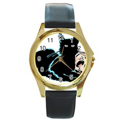 Black Cat & Halloween Skull Round Gold Metal Watch by gothicandhalloweenstore