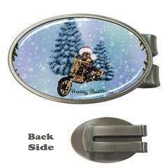Merry Christmas, Funny Mouse On A Motorcycle With Christmas Hat Money Clips (oval)  by FantasyWorld7