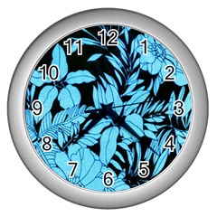 Blue Winter Tropical Floral Watercolor Wall Clock (silver)