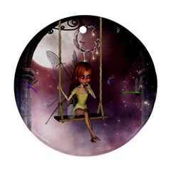 Little Fairy On A Swing With Dragonfly In The Night Round Ornament (two Sides) by FantasyWorld7