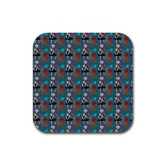 Retro Girls Dress In Black Pattern Blue Teal Rubber Coaster (square)  by snowwhitegirl