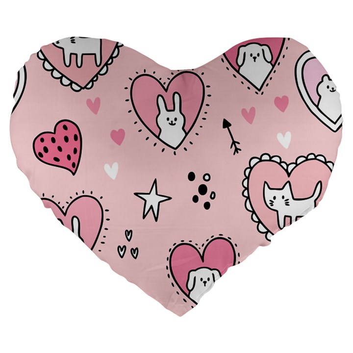 Cartoon Cute Valentines Day Doodle Heart Love Flower Seamless Pattern Vector Large 19  Premium Heart Shape Cushions