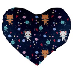 Cute Astronaut Cat With Star Galaxy Elements Seamless Pattern Large 19  Premium Heart Shape Cushions by Vaneshart