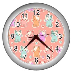 Cute Kawaii Kittens Seamless Pattern Wall Clock (silver) by Vaneshart