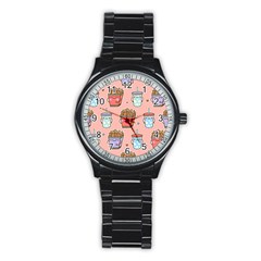 Cute Kawaii Food Seamless Pattern Stainless Steel Round Watch