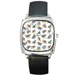 Seamless Pattern With Hand Drawn Bird Black Square Metal Watch