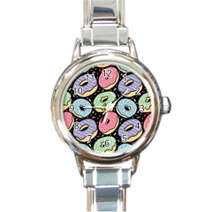 Colorful Donut Seamless Pattern On Black Vector Round Italian Charm Watch by Sobalvarro