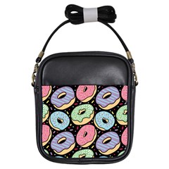 Colorful Donut Seamless Pattern On Black Vector Girls Sling Bag by Sobalvarro