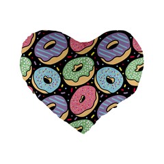 Colorful Donut Seamless Pattern On Black Vector Standard 16  Premium Flano Heart Shape Cushions by Sobalvarro