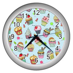 Cupcake Doodle Pattern Wall Clock (silver) by Sobalvarro