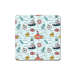 Cartoon Nautical Seamless Background Square Magnet by Wegoenart