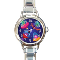 Cartoon Funny Aliens With Ufo Duck Starry Sky Set Round Italian Charm Watch by Vaneshart