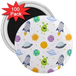 Seamless Pattern Cartoon Space Planets Isolated White Background 3  Magnets (100 pack)