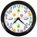 Seamless Pattern Cartoon Space Planets Isolated White Background Wall Clock (Black)