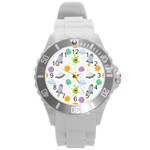 Seamless Pattern Cartoon Space Planets Isolated White Background Round Plastic Sport Watch (L)