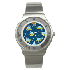 Seamless Pattern Ufo With Star Space Galaxy Background Stainless Steel Watch by Vaneshart