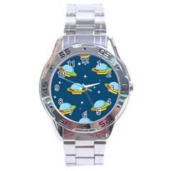 Seamless Pattern Ufo With Star Space Galaxy Background Stainless Steel Analogue Watch by Vaneshart