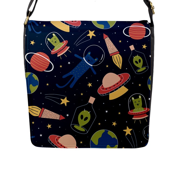 Seamless Pattern With Funny Aliens Cat Galaxy Flap Closure Messenger Bag (L)