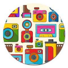 Retro Cameras Audio Cassettes Hand Drawn Pop Art Style Seamless Pattern Magnet 5  (round) by Vaneshart