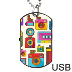 Retro Cameras Audio Cassettes Hand Drawn Pop Art Style Seamless Pattern Dog Tag Usb Flash (one Side) by Vaneshart