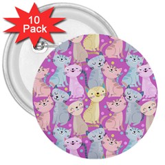 Colorful Cute Cat Seamless Pattern Purple Background 3  Buttons (10 Pack)  by Vaneshart