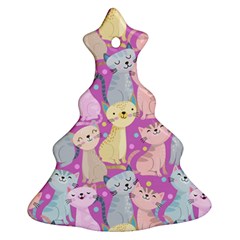 Colorful Cute Cat Seamless Pattern Purple Background Christmas Tree Ornament (two Sides) by Vaneshart