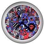 Cute Halloween Monsters Set Background Wall Clock (Silver) Front