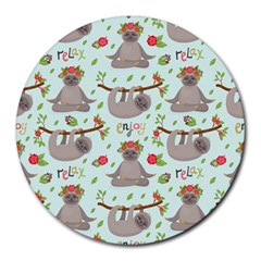 Seamless Pattern With Cute Sloths Relax Enjoy Yoga Round Mousepads by Vaneshart