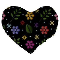 Embroidery Seamless Pattern With Flowers Large 19  Premium Flano Heart Shape Cushions