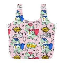 Seamless Pattern With Many Funny Cute Superhero Dinosaurs T Rex Mask Cloak With Comics Style Full Print Recycle Bag (l) by BangZart