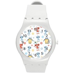 Cute Cartoon Robots Seamless Pattern Round Plastic Sport Watch (m)