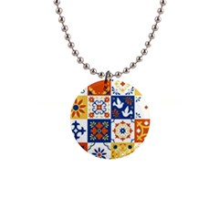 Mexican Talavera Pattern Ceramic Tiles With Flower Leaves Bird Ornaments Traditional Majolica Style 1  Button Necklace