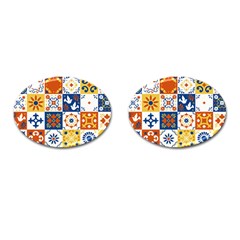 Mexican Talavera Pattern Ceramic Tiles With Flower Leaves Bird Ornaments Traditional Majolica Style Cufflinks (oval)