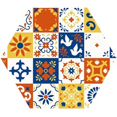 Mexican Talavera Pattern Ceramic Tiles With Flower Leaves Bird Ornaments Traditional Majolica Style Wooden Puzzle Hexagon